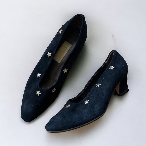 Shoes - L. Miller black soft suede studded Star heels size 7.5/8